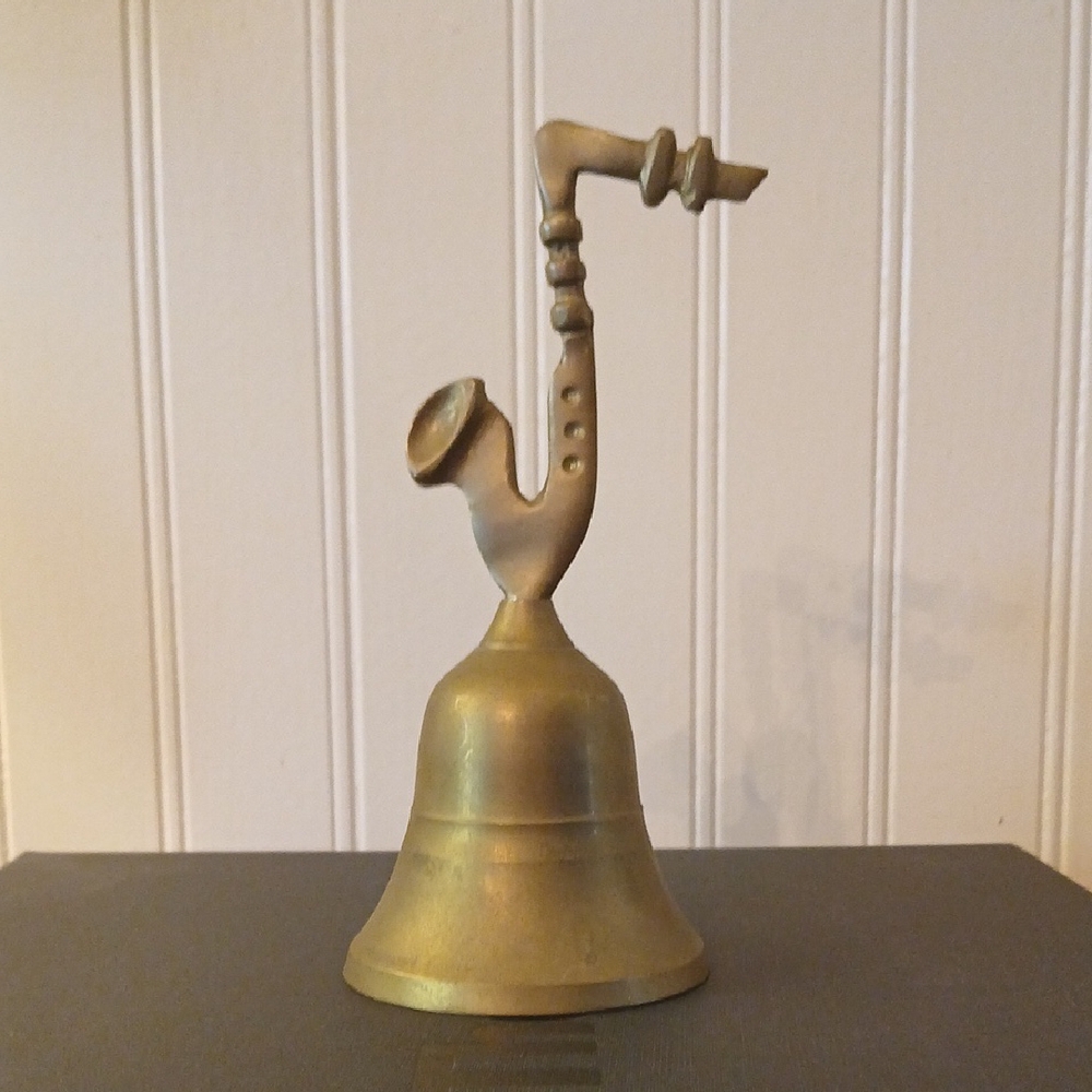 Vintage Brass Bell Hand Held Figural Saxophone Shaped Handle Music, Jazz,MCM
